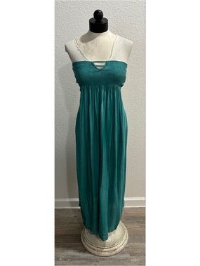 Boho Me Green Strapless Smocked Maxi Dress Coverup Size Small Bohemian Tie Dye